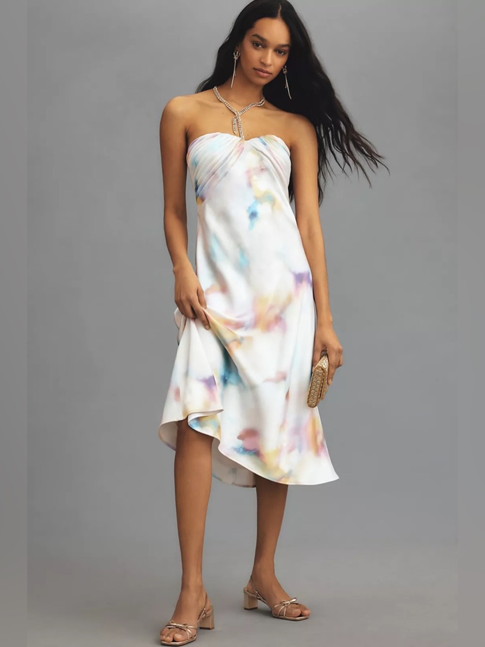 ML Monique Lhuillier Annika Strapless Satin Midi Dress Anthropologie